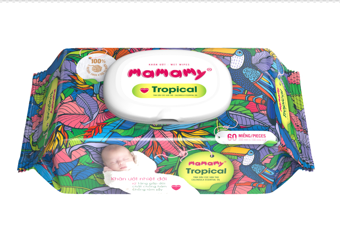 Combo 3 gói 90 tờ Khăn ướt Mamamy Tropical 100% sợi tự nhiên ngừa hăm, rôm sảy kháng khuẩn giữ ẩm cho bé