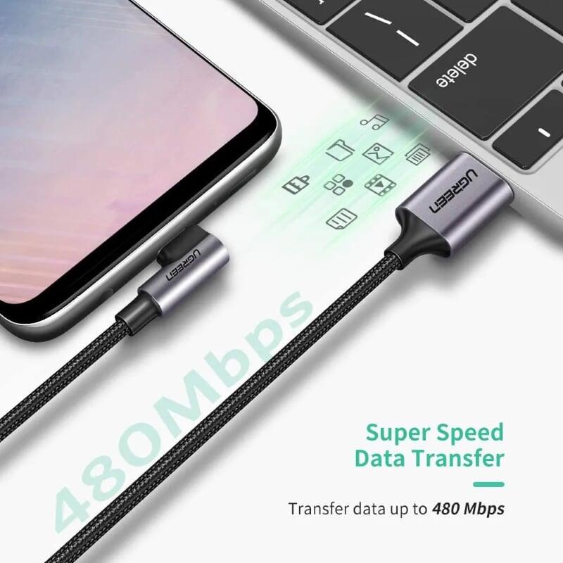 Ugreen UG50940US284TK 0.5M 3A màu đen USB Type-C cáp bẻ góc 90 độ - HÀNG CHÍNH HÃNG