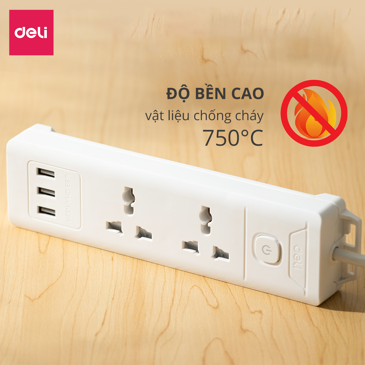 Hình ảnh Ổ Cắm Điện Đa Năng Kèm Cổng USB Có Công Tắc Chống Giật Chống Cháy Chất Lượng Cao Deli - Hàng Chính Hãng - ET407 408