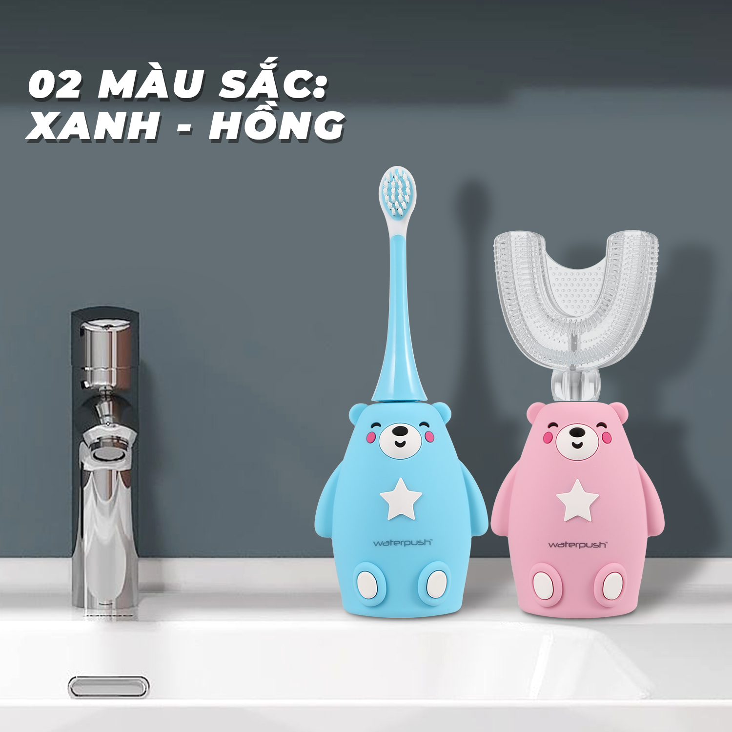 Bàn chải điện trẻ em cao cấp WaterPush, bàn chải đánh răng đầu chữ U siêu mềm và đầu bàn chải siêu mảnh giúp bé làm sạch răng