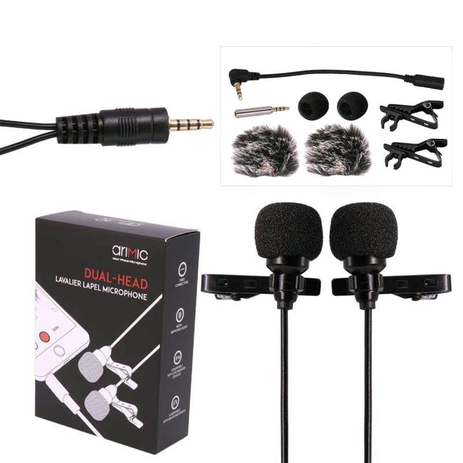 Cặp Micro Cài Áo Cho Điện Thoại Và Máy Ảnh Arimic Clip-On Dual Lavalier - Hàng Chính Hãng