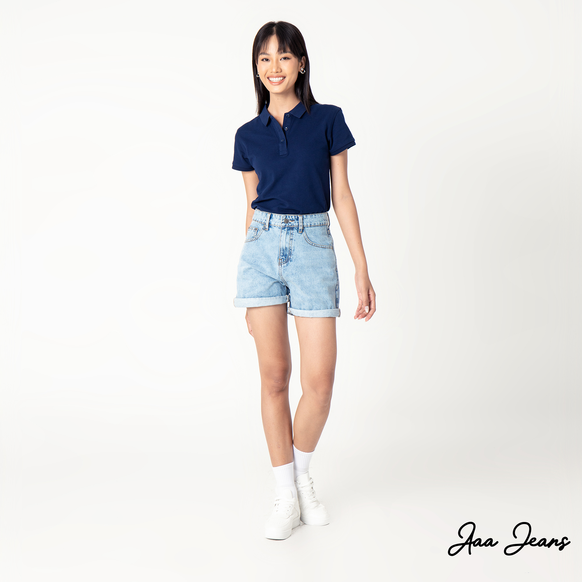 Quần short jean nữ lưng cao regular fit Aaa Jeans Silver Blue