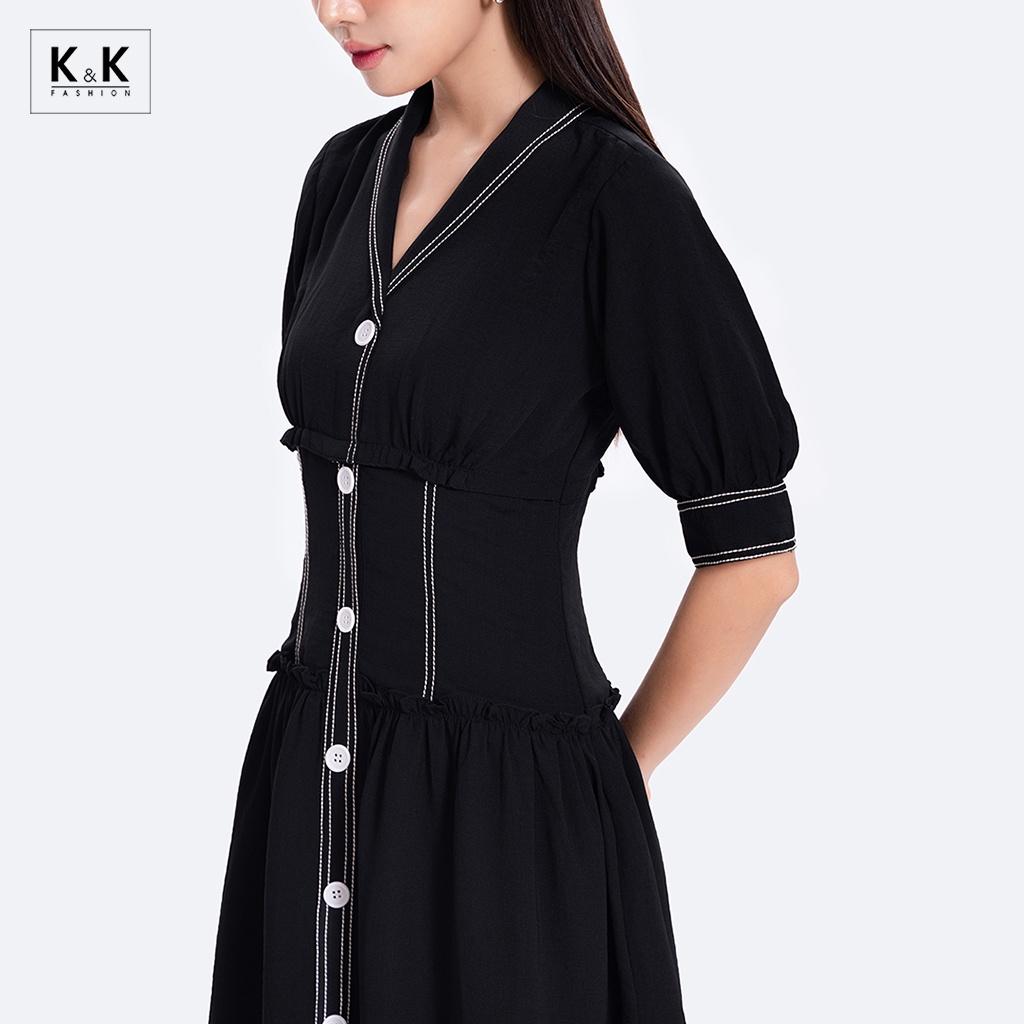 Đầm Xòe Đen Công Sở Nữ Nhấn Eo Viền Trắng K&amp;K Fashion KK114-26 Chất Liệu Tằm Đũi