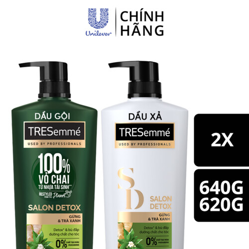 Combo Dầu Gội, Dầu Xả TRESEMME Salon Detox Cho tóc chắc khỏe cùng Gừng và Trà Xanh Dầu gội xả Detox tóc sạch sâu 640g, 620g