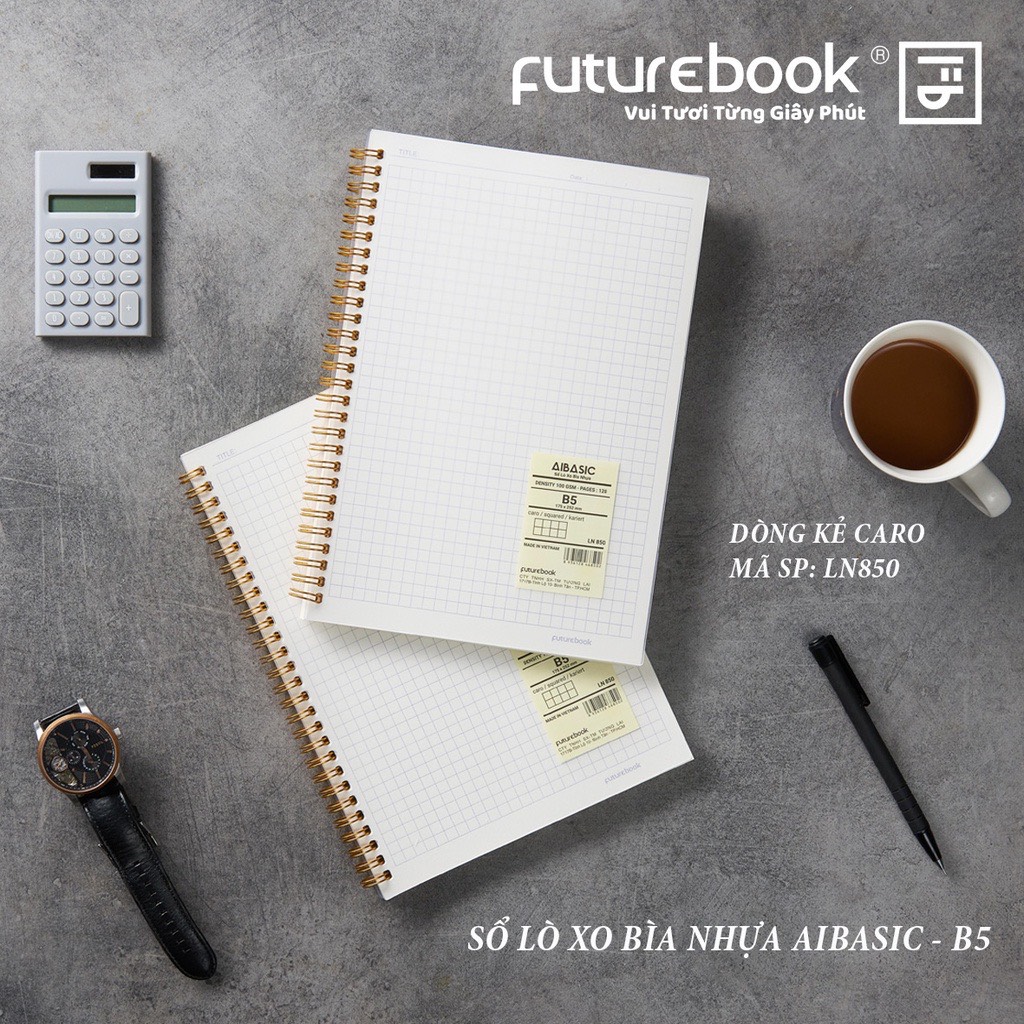 FUTUREBOOK - Sổ Lò Xo Bìa Nhựa Aibasic B5 (175mm X 252mm)- 120Trang- Định Lượng 100GSm -Dòng Kẻ Ngang_Caro