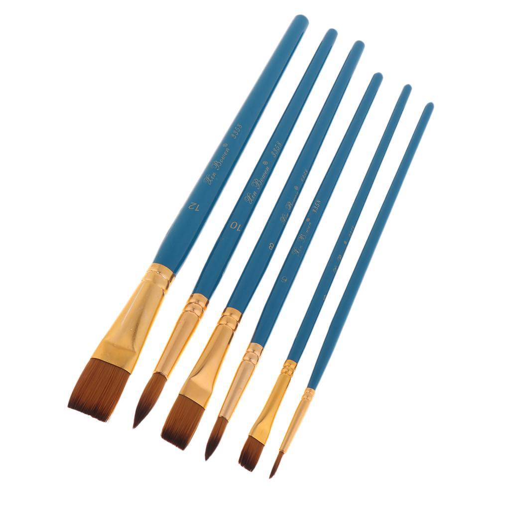 6 Pieces Wooden Flat Round Pointed Tip Nylon Hair Artist Paint Brushes for Art Painting, Acrylic Watercolor Oil, Nail Art, Miniature Painting