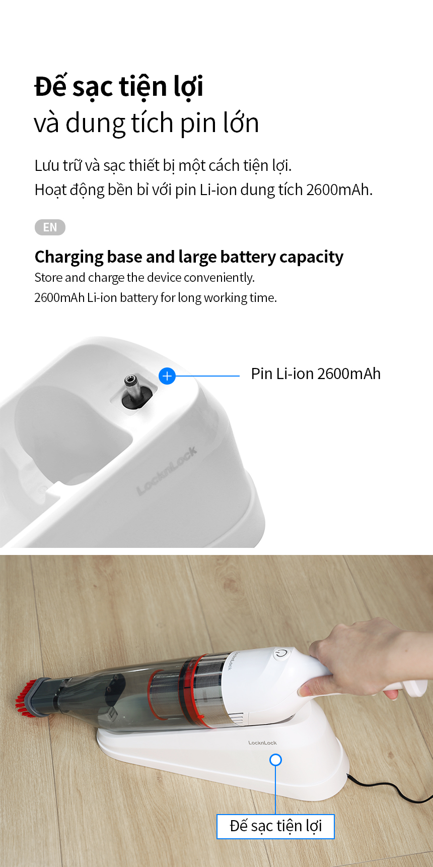 Máy hút bụi cầm tay mini Locknlock ENV136WHT Mini vacuum cleaner - 14V, 500mA, 75W - Dung tích 0.5L- Hàng chính hãng