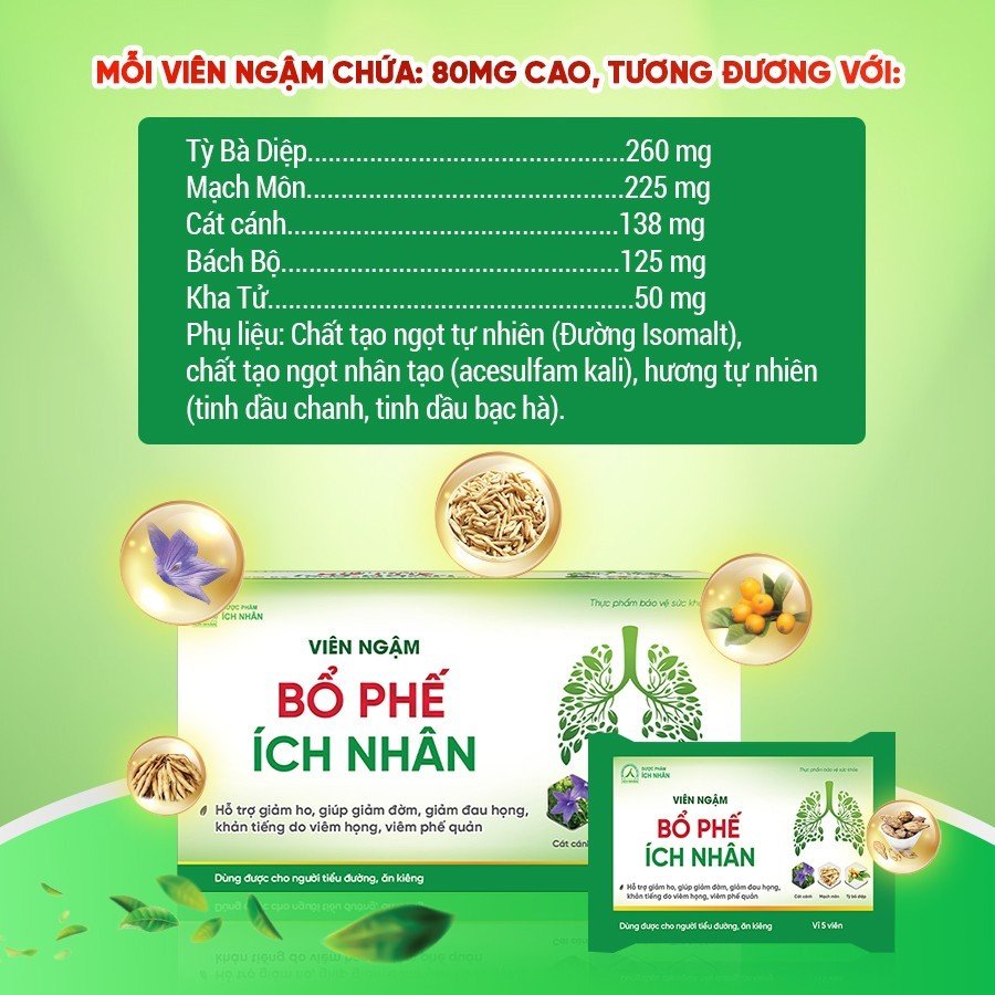 Viên Ngậm Bổ Phế Ích Nhân giảm ho, giảm đau họng, giảm khản tiếng được chiết xuất thảo dược