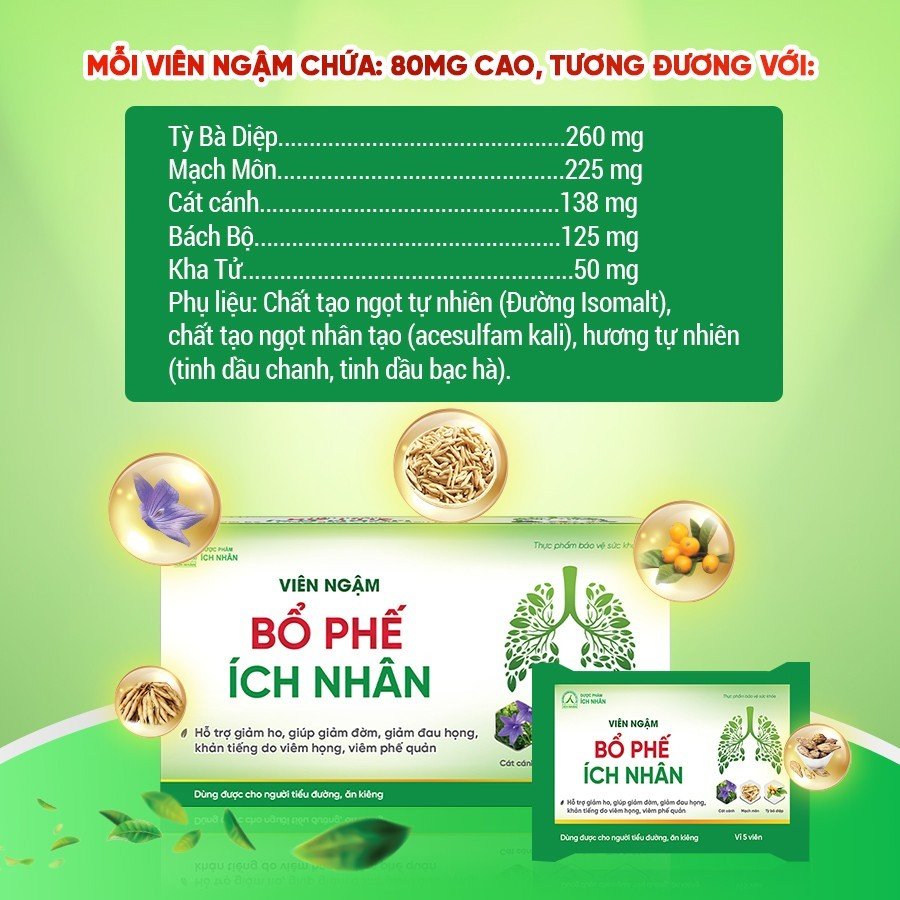 Viên Ngậm Bổ Phế Ích Nhân giảm ho, giảm đau họng, giảm khản tiếng được chiết xuất thảo dược (Hộp 100 viên)