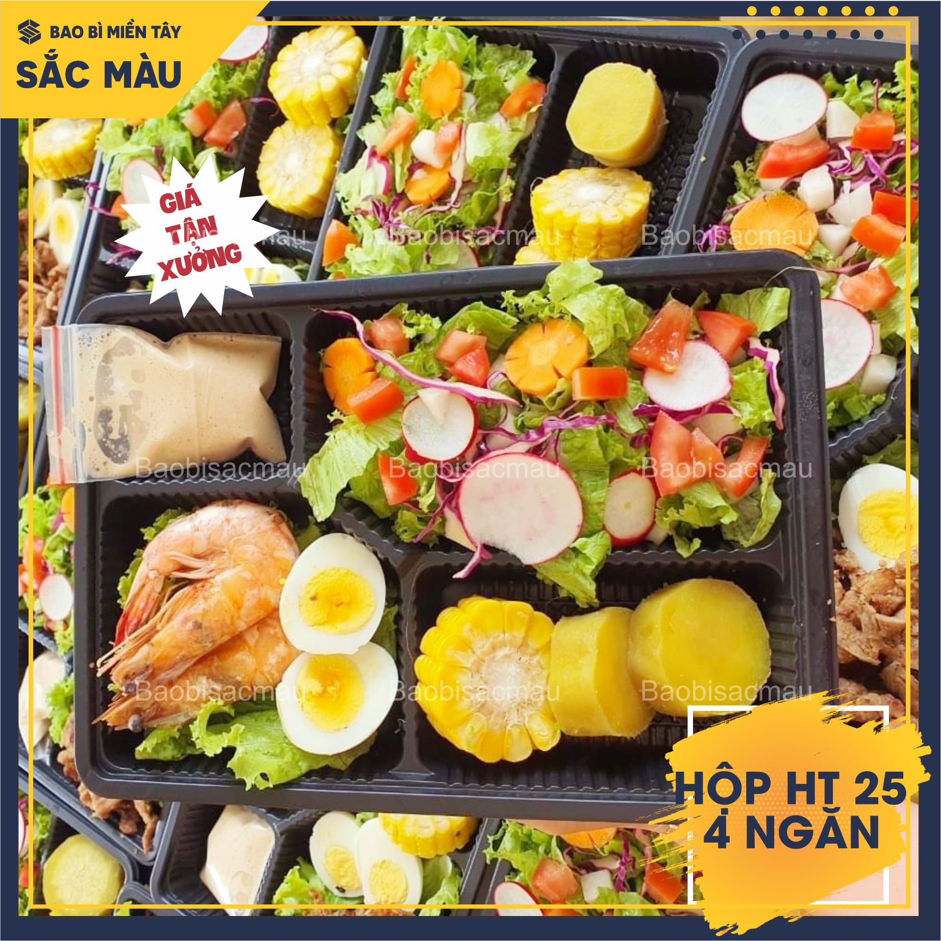 Sét 20 Hộp nhựa đế đen, nắp trong HT25 4 ngăn đựng cơm, đựng thức ăn, thực phẩm...