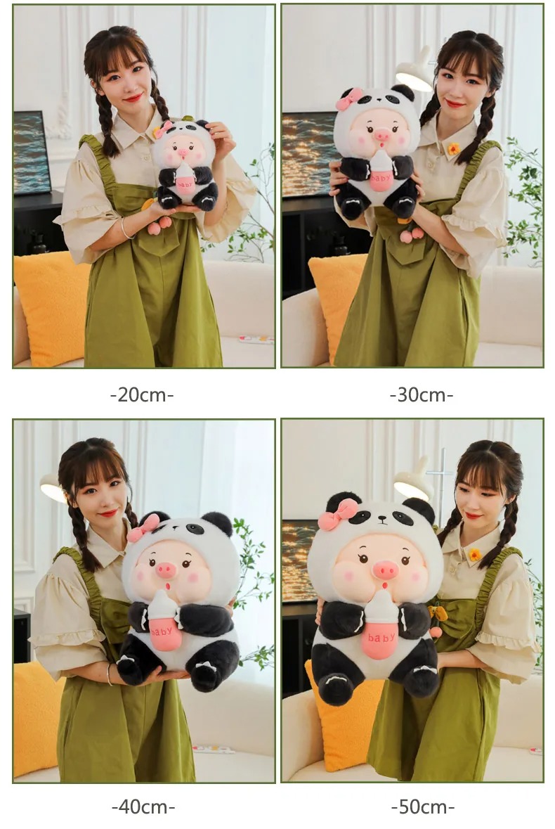 Thú nhồi bông heo cosplay gấu trúc ôm bình sữa - Size từ 25cm đến 85cm - Quà tặng gấu bông heo ôm bình sữa êm mịn cho bé