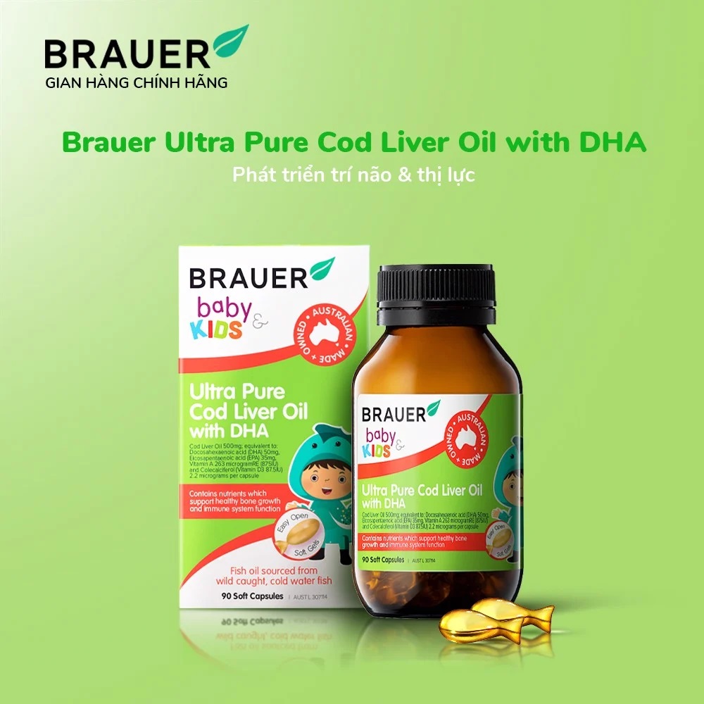 DHA dầu cá tuyết tinh khiết cho trẻ sơ sinh, trẻ nhỏ Brauer DHA Úc giúp phát triển trí não, tăng khả năng tập trung, cải thiện thị lực-OZ Slim Store