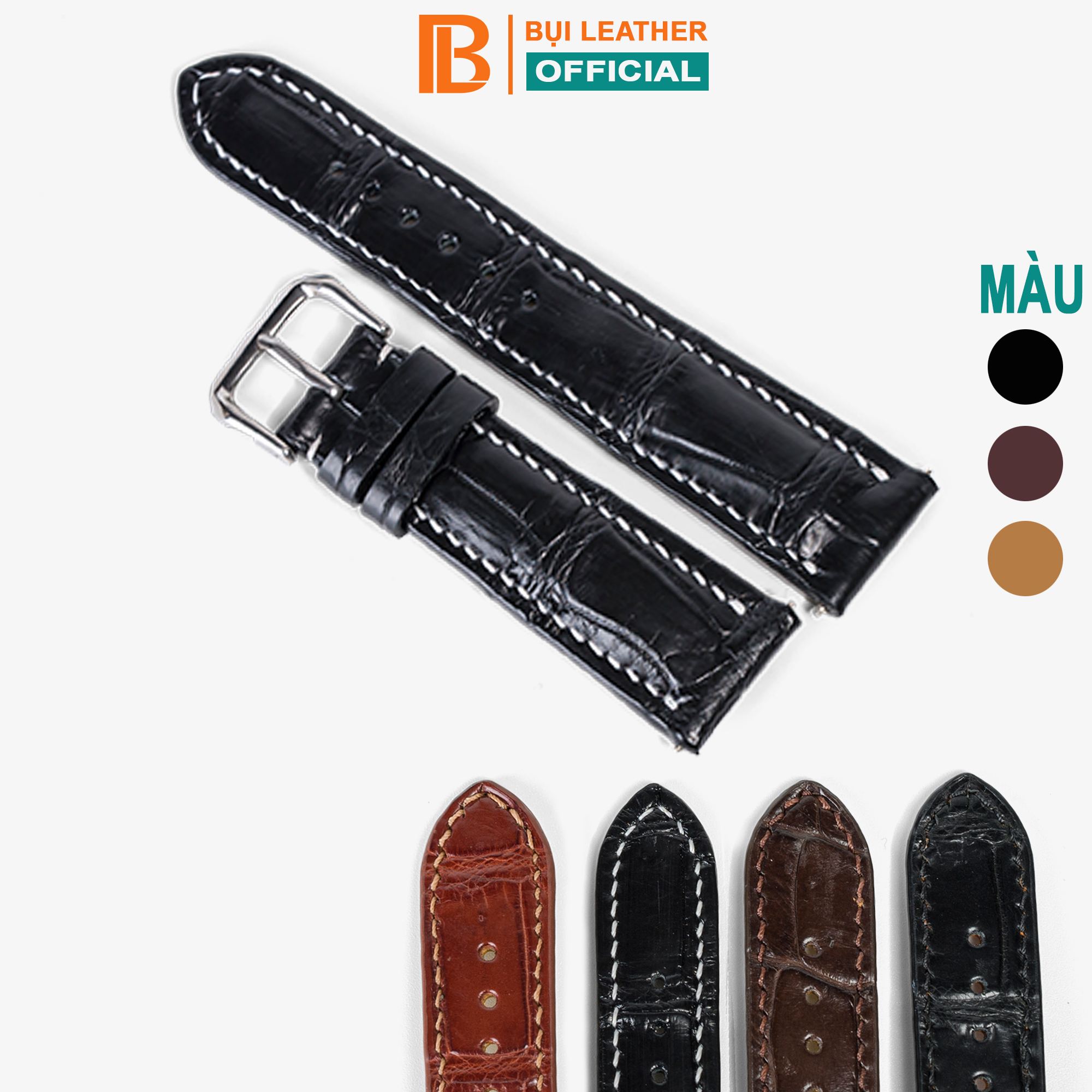 Dây Đồng Hồ Nam Da Cá Sấu Đốt Tre Bụi Leather D103 - Hàng Khâu Tay Thủ Công Cao Cấp - Bảo Hành 12 Tháng - Đen Chỉ Trắng - 22Mm