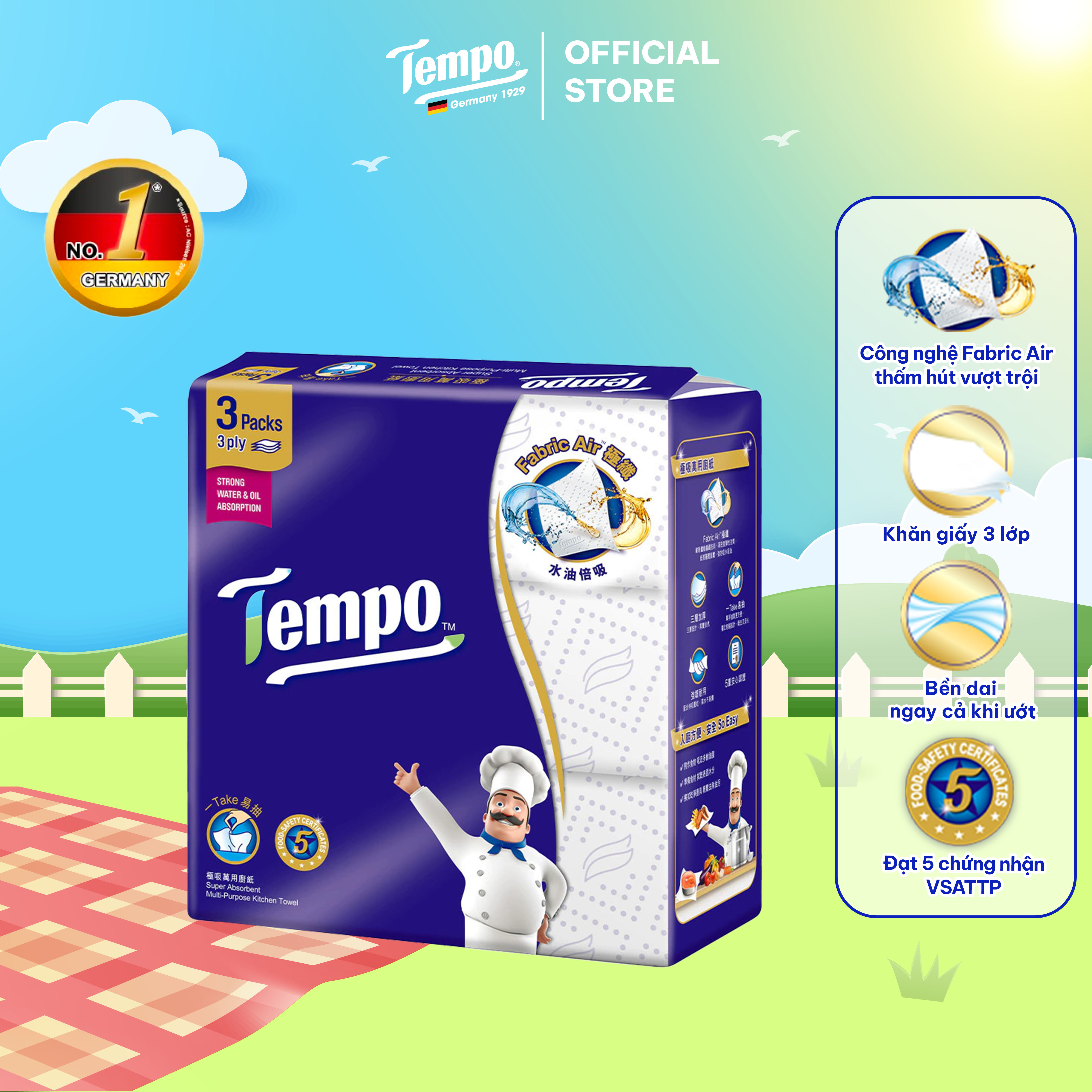 [LỐC 3 GÓI] Khăn Giấy Bếp Đa Năng Siêu Thấm Tempo (3 Gói Rút/Lốc) Bền Dai - Thương Hiệu Đức