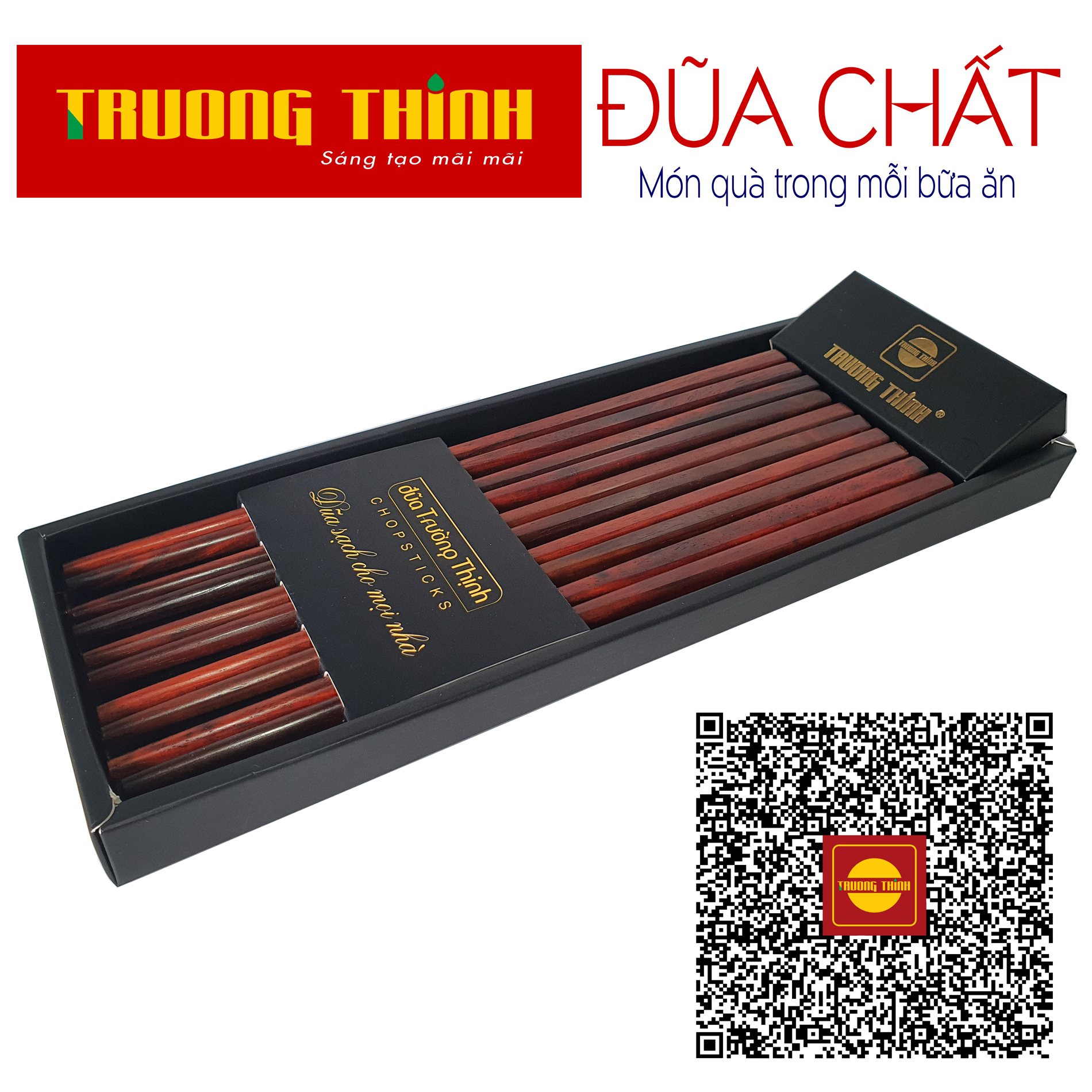 Đũa Gỗ Trắc Đỏ Cao Cấp Trường Thịnh Loại Đặc Biệt/ Hộp Màu Đen/ 10 Đôi Vuông Trơn