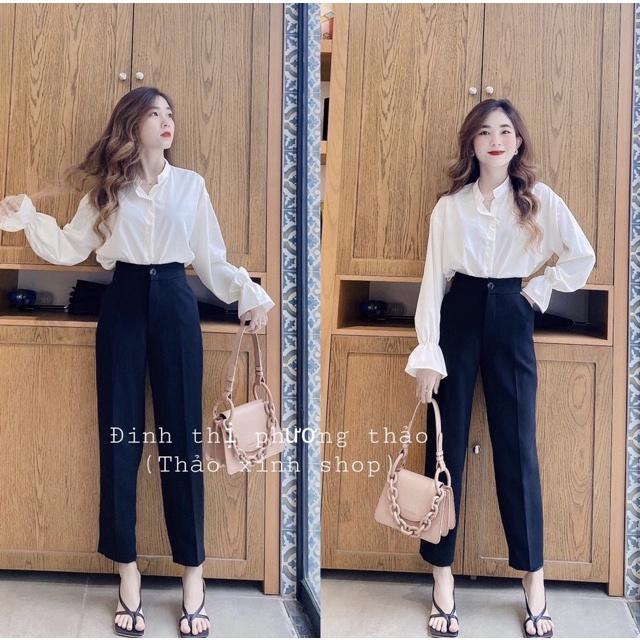 Quần baggy vải công sở cạp cao màu đen cho nữ, quầnbaggy tây nữ lưng cao 1 nút HN01