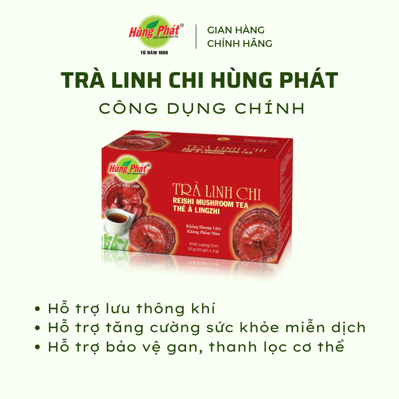 Trà Linh Chi Thanh Mát Hỗ Trợ Lưu Thông Khí Huyết Hộp 25 gói - Reishi Mushroom Tea - Thương hiệu Hùng Phát