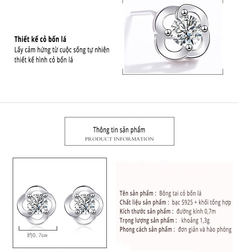 Hoa tai bông tai cỏ bốn lá S925 Sterling silver bạc nữ hợp thời trang mới