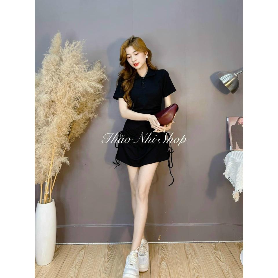 Đầm body đen cổ polo rút dây hông tôn dáng thảo nhi shop