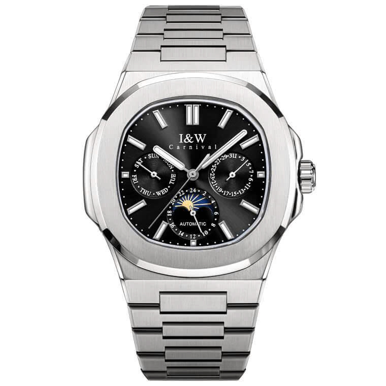 Đồng hồ nam chính hãng I&W CARNIVAL 55886G-2 mặt đen size mặt 42mm,kính sapphire ,chống nước 50m,dây thép không gỉ