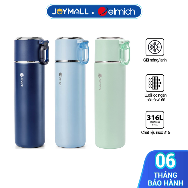 Bình giữ nhiệt inox 316 Elmich EL8315 480ml, Hàng chính hãng, nắp dùng làm cốc, có lưới lọc -JoyMall