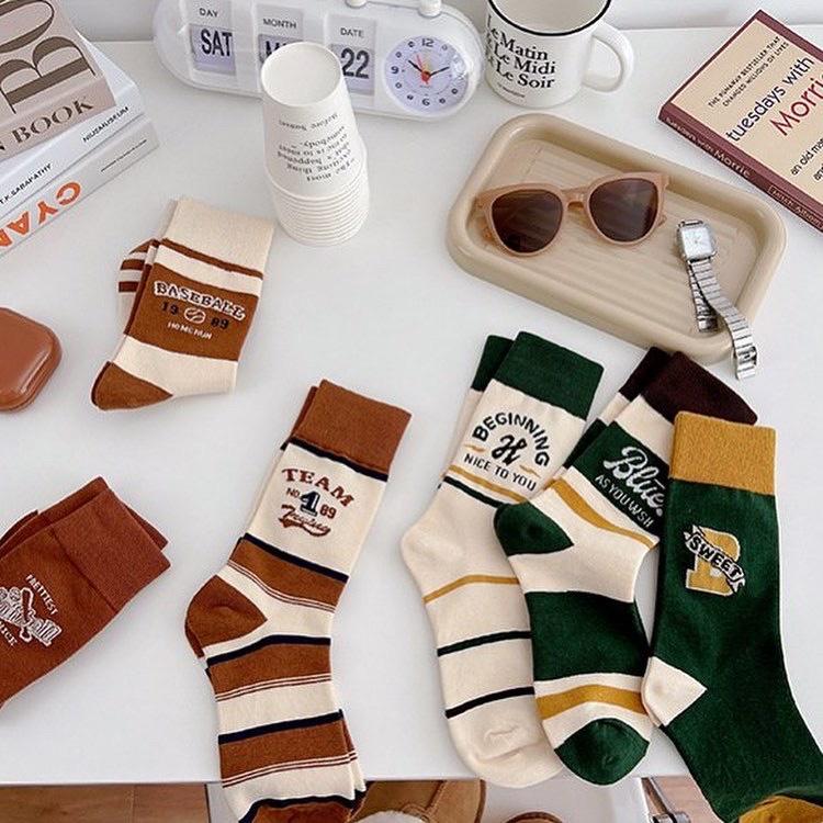 Tất Cao Cổ Nam Vớ Cao Cổ Nữ Tất Bóng Chày Xanh Đỏ Noel Vintage Phong Cách Ulzzang Hàn Quốc Cotton Mềm Mịn Camcamvintage