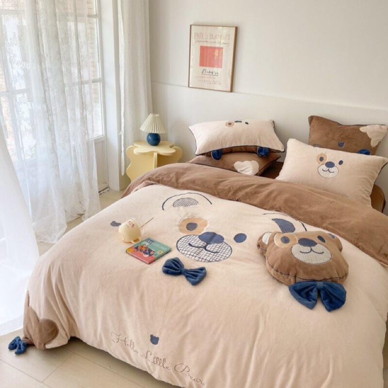 Bộ ga gối vỏ chăn nỉ nhung sữa cao cấp 4 món tặng kèm gối gấu như ảnh