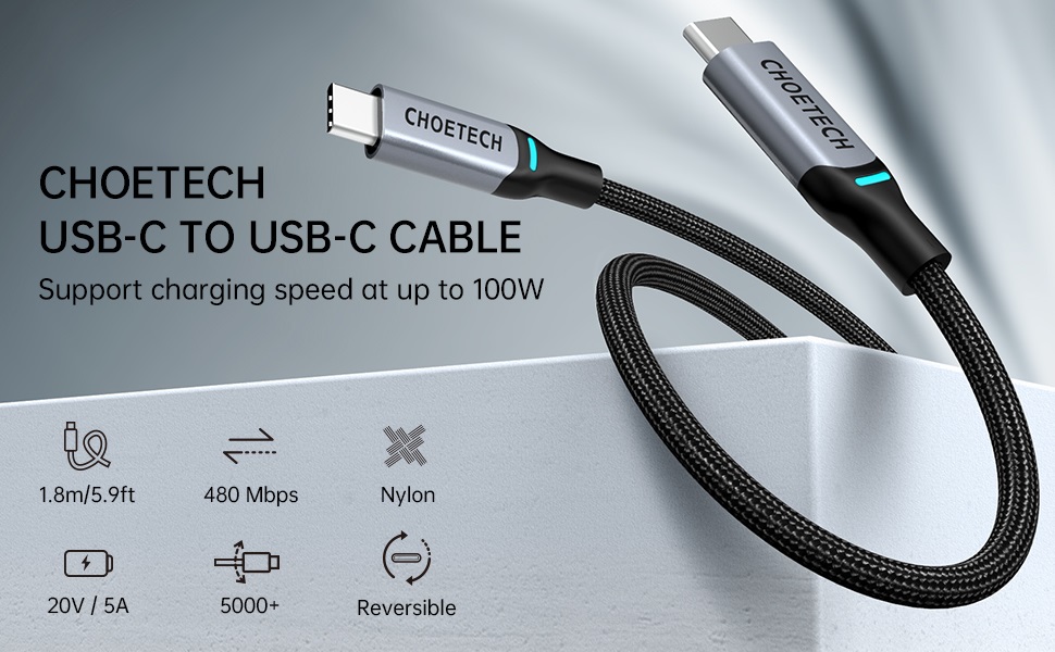 Dây cáp sạc USB C ra Type C sạc nhanh 100W hỗ trợ sạc PD TypeC hiệu Choetech XCC-1002 - Thiết kế dây dù chống đứt chống rối, đèn LED báo sạc, chiều dài 1m8 sạc cho iPhone 15 Macbook S23 S22 S21 S20 Ultra Plus notebook iPad Pro Air Mini - Hàng nhập khẩu