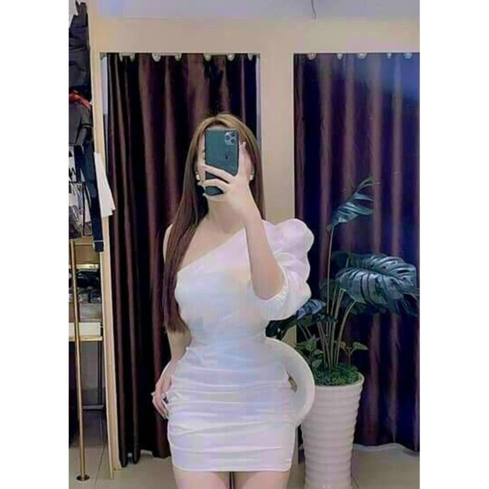 TSL-Đầm Ôm body nhún 1 Vai Tay Phồng Có Mút, váy ôm tôn dán lệch vay trắng đen hồng nude