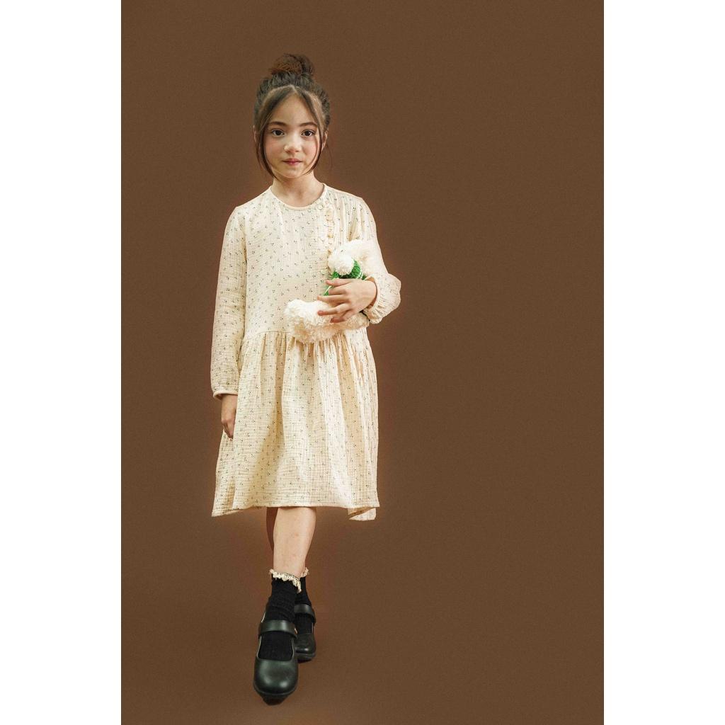 Đầm bé gái babydoll bèo nhún vạt lệch dài tay - Olive dress - Hoa nhí