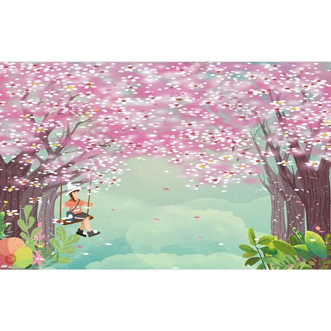 Cô gái nhỏ dưới tán cây đào nở rộ trang trí phòng em bé, tranh dán tường 3d hiện đại MS1277299