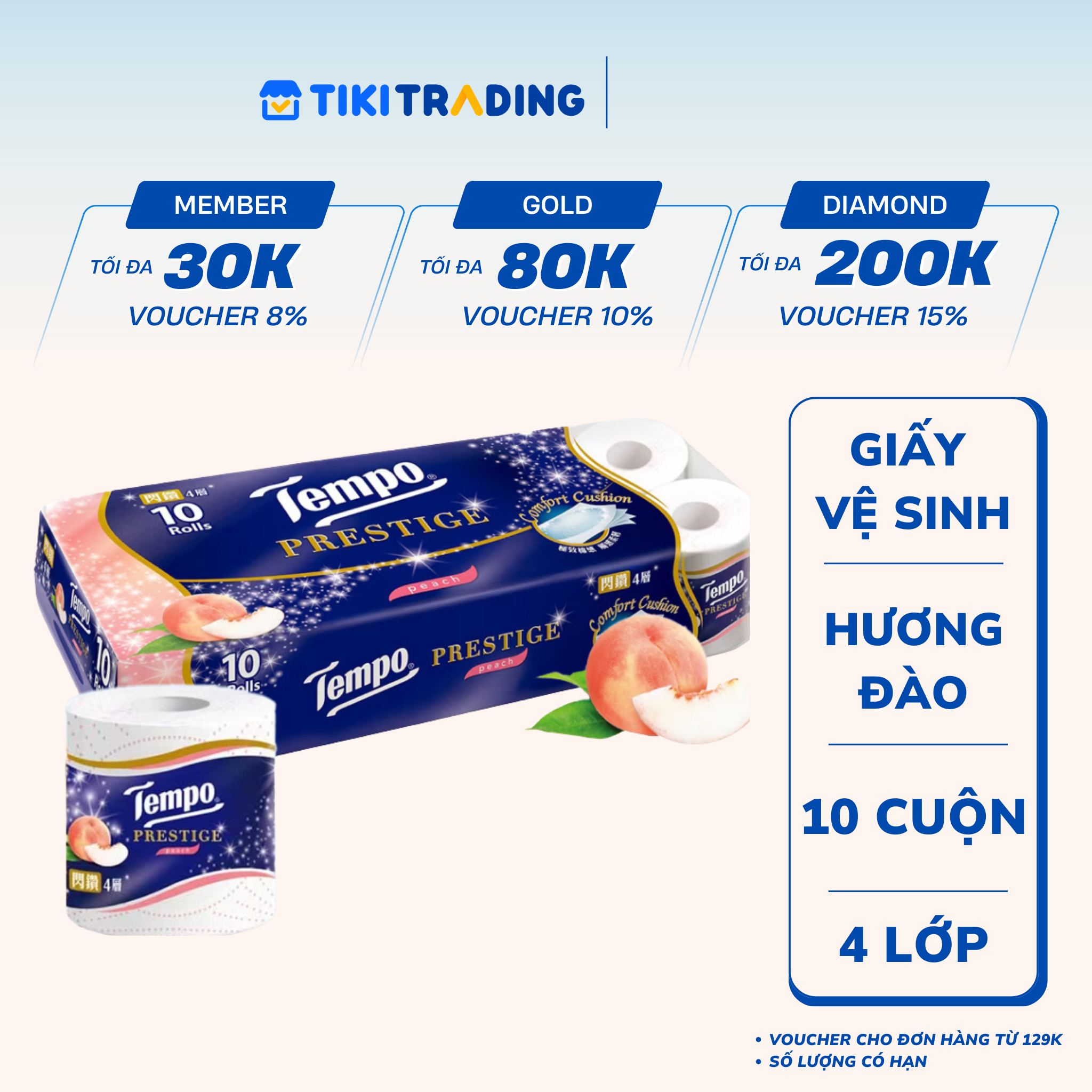 Lốc 10 Cuộn Giấy Vệ Sinh Tempo Prestige - Hương Đào
