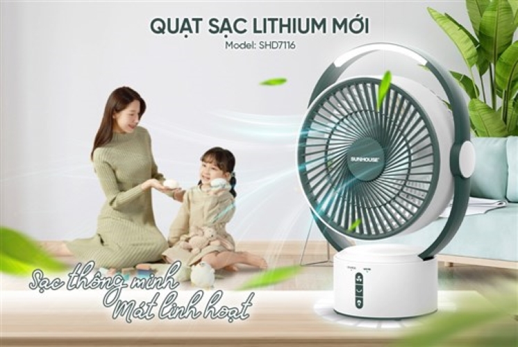 Quạt sạc tích điện pin Lithium cao cấp Sunhouse SHD7116 - Hàng chính hãng