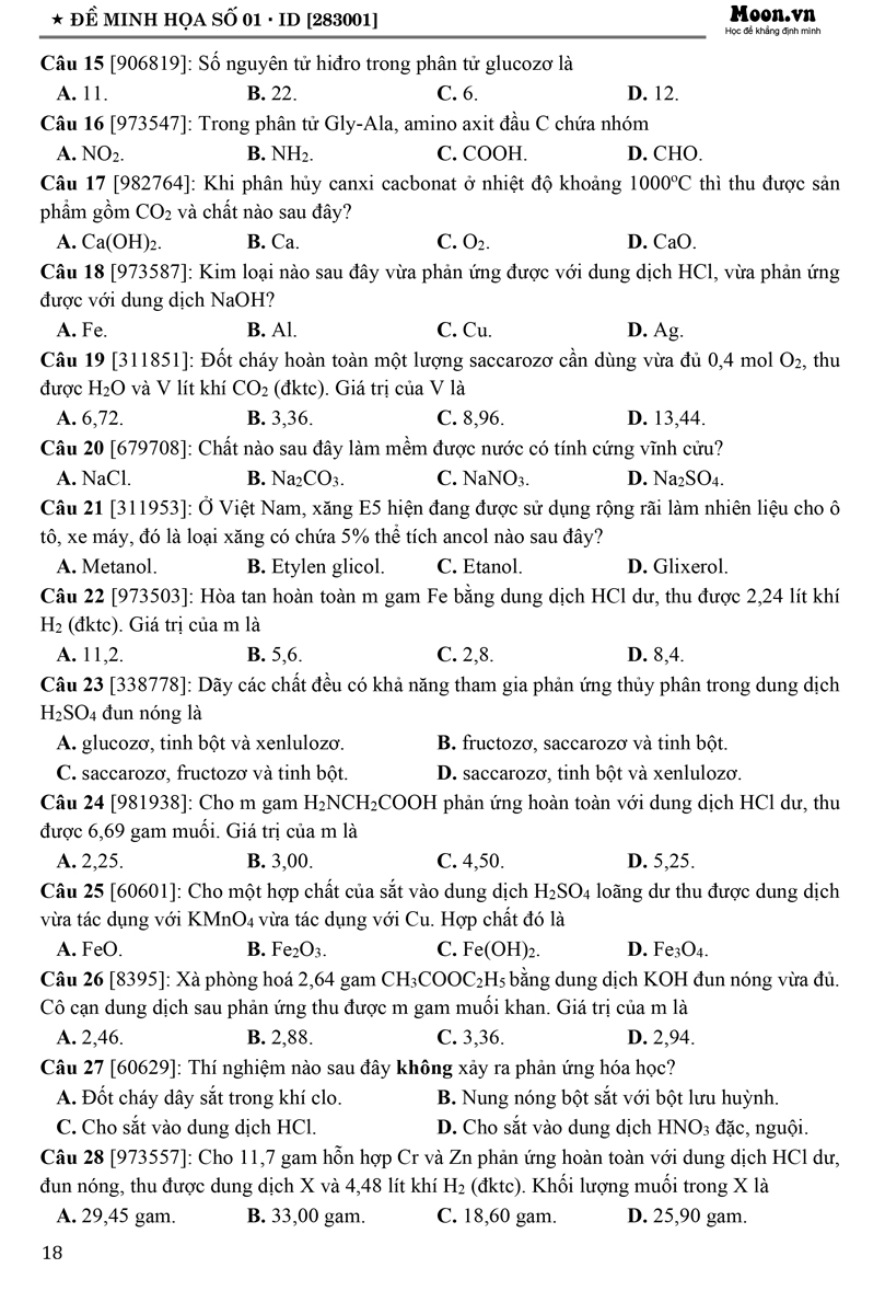 50 Đề Minh Họa 2023 Môn Hóa Học + Tặng Phiếu Trắc Nghiệm 40 Câu  - MOON