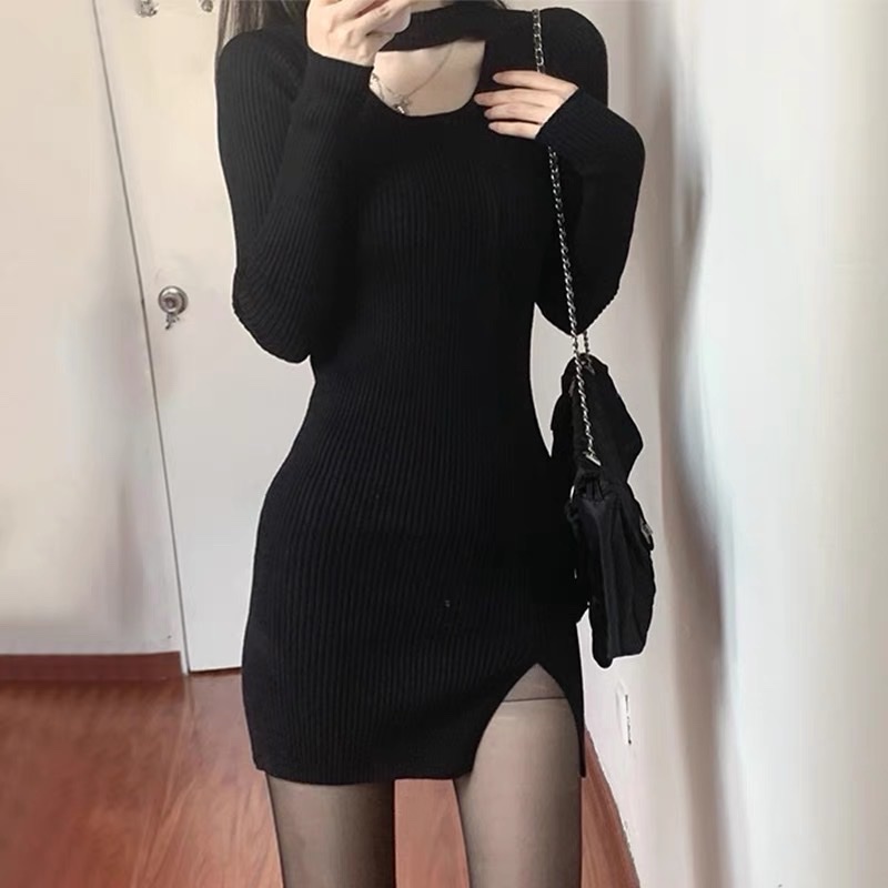 Đầm body dài tay xẻ trước cổ tròn cut-out sành điệu cá tính phong cách Hàn quốc màu đen chất thun gân mịn đẹp mặc đi chơ
