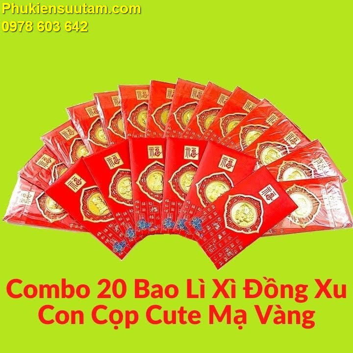 Combo 20 Bao Lì Xì Đồng Xu Con Cọp Cute Mạ Vàng, Làm vật phong thủy, trang trí trong nhà, làm quà biếu, tặng dịp Lễ Tết, kích thước 17x9x0.3cm, màu đỏ - TMT Collection - SP005485