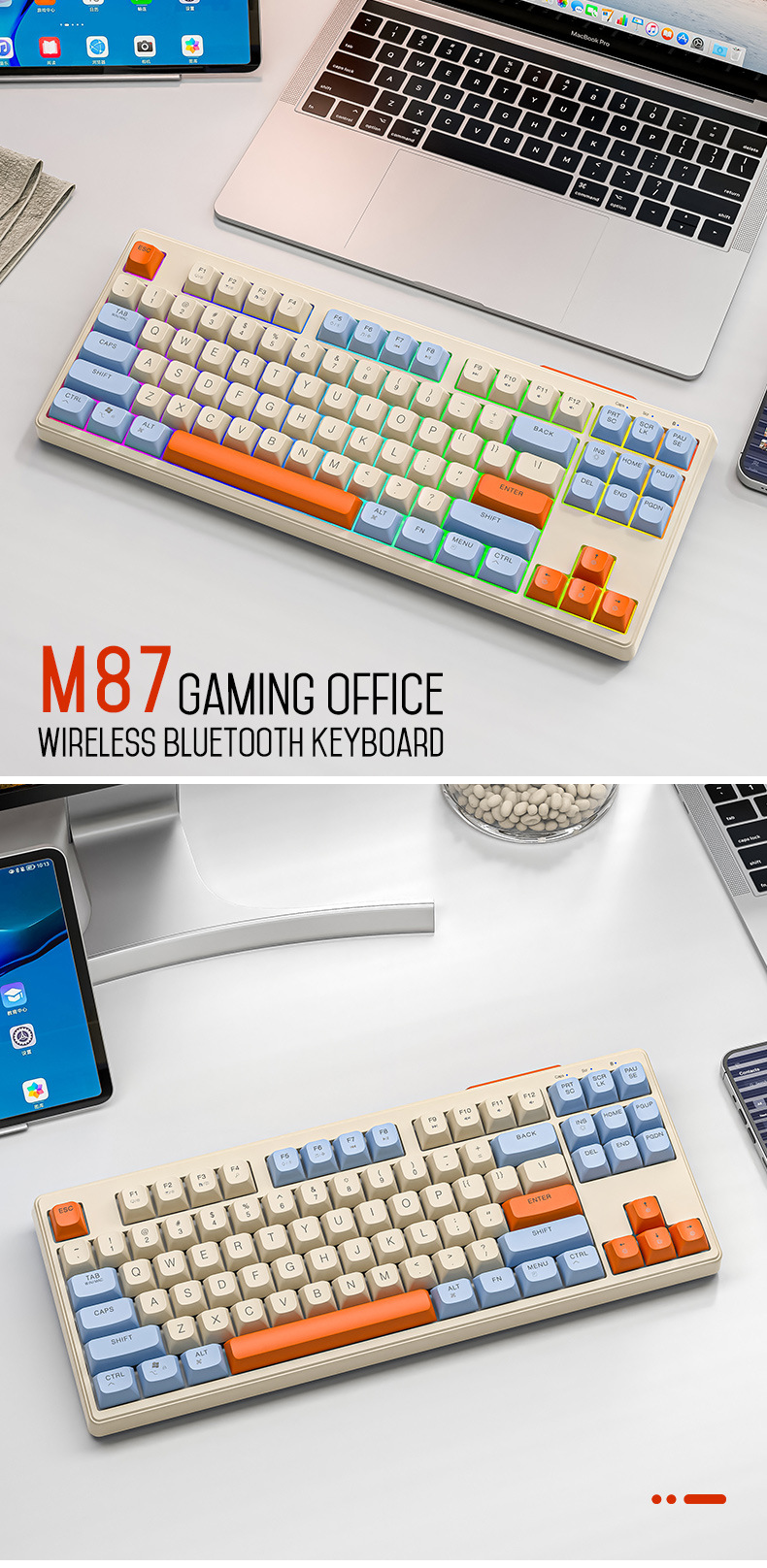 Bàn phím không dây FREEWOLF M87 kết nối Bluetooth và chip USB 2.4G thiết kế TKL 87 phím với nút nhấn không tiếng ồn - Hàng Chính Hãng