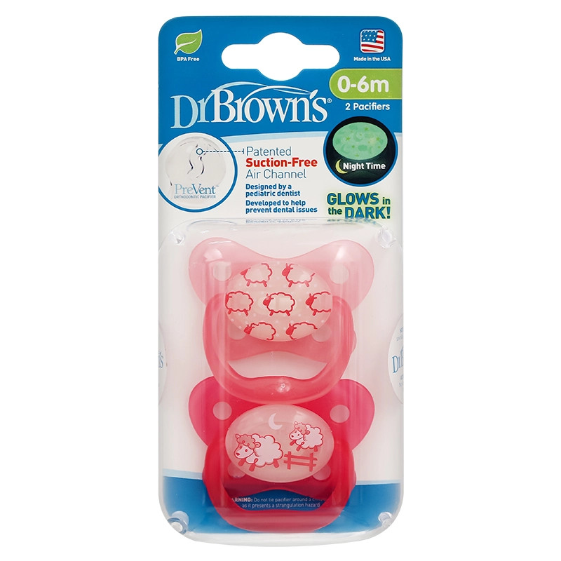 [ PV12006 - Hồng ] Set 2 ty ngậm phát sáng dạ quang Prevent chỉnh nha, chống vẩu Dr.Brown's ( 0-6m )