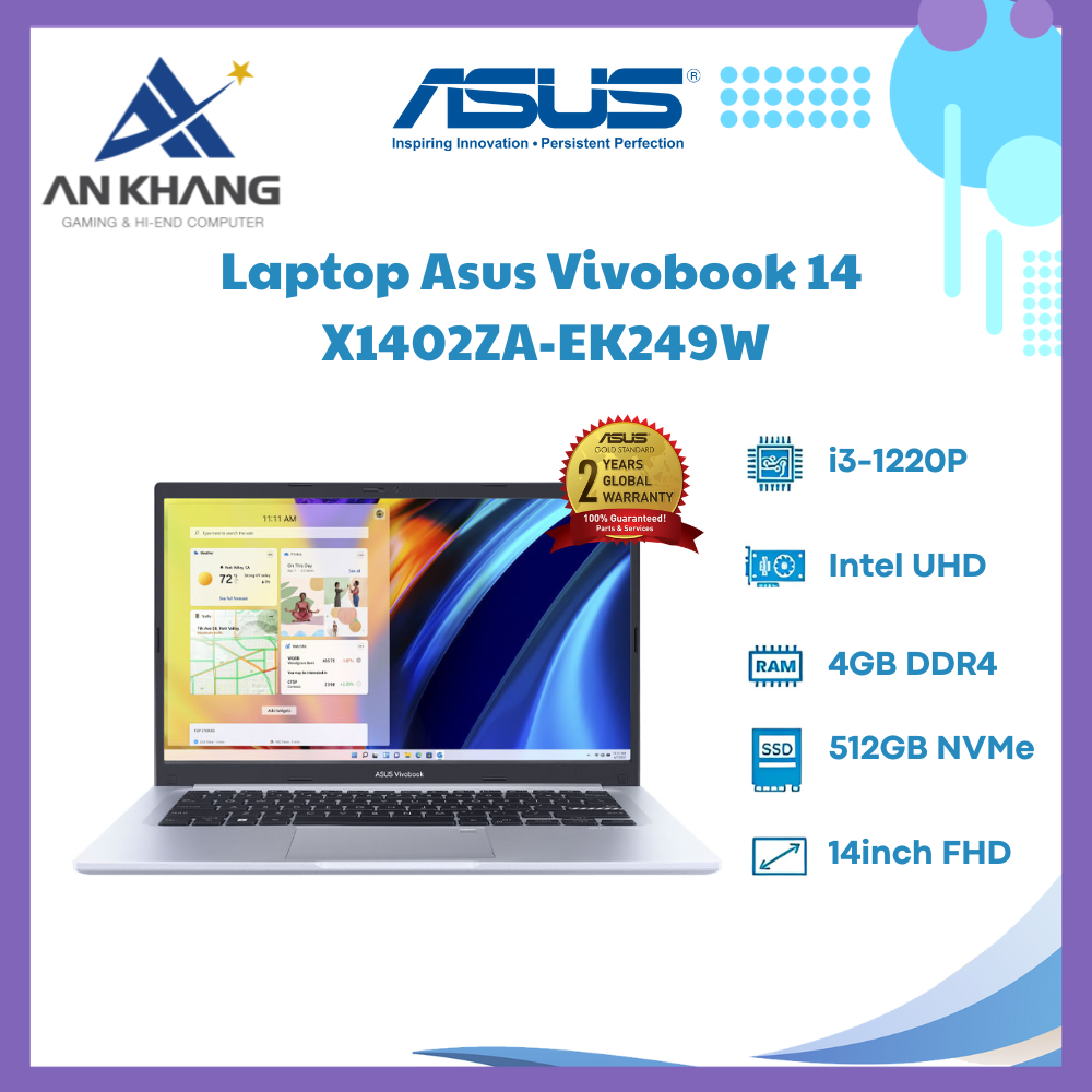 Laptop Asus X1402Z (X1402ZA-EK249W) i3-1220P/4GD4/512G/14.0FHD/FP/WiFi6/BT5/3C42Wh/W11SL/BẠC - Hàng Chính Hãng - Bảo Hành 24 Tháng