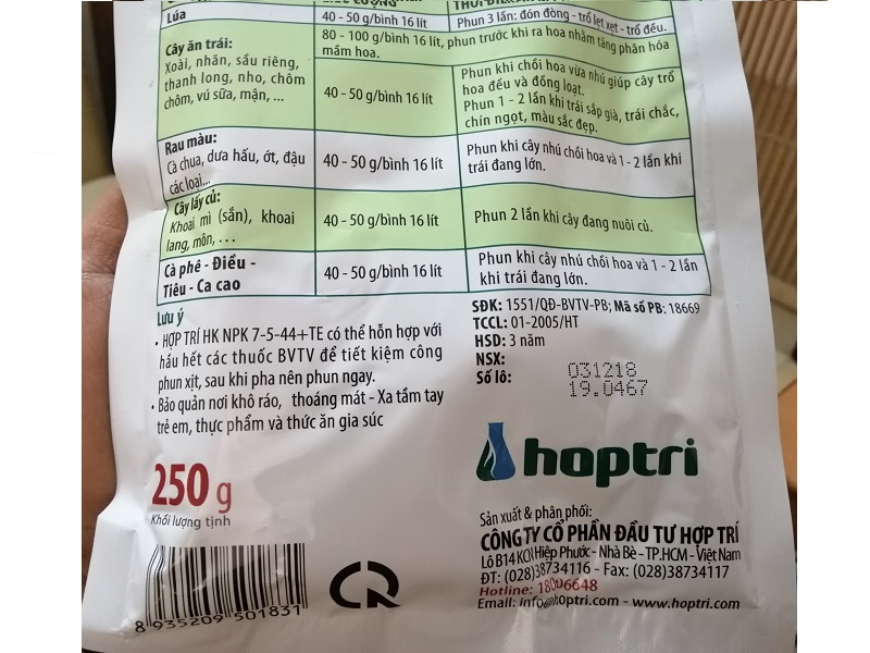 5 GÓI HỢP TRÍ HK NPK 7-5-44+TE 250G RA HOA SỚM TO TRÁI - CHẮC HẠT