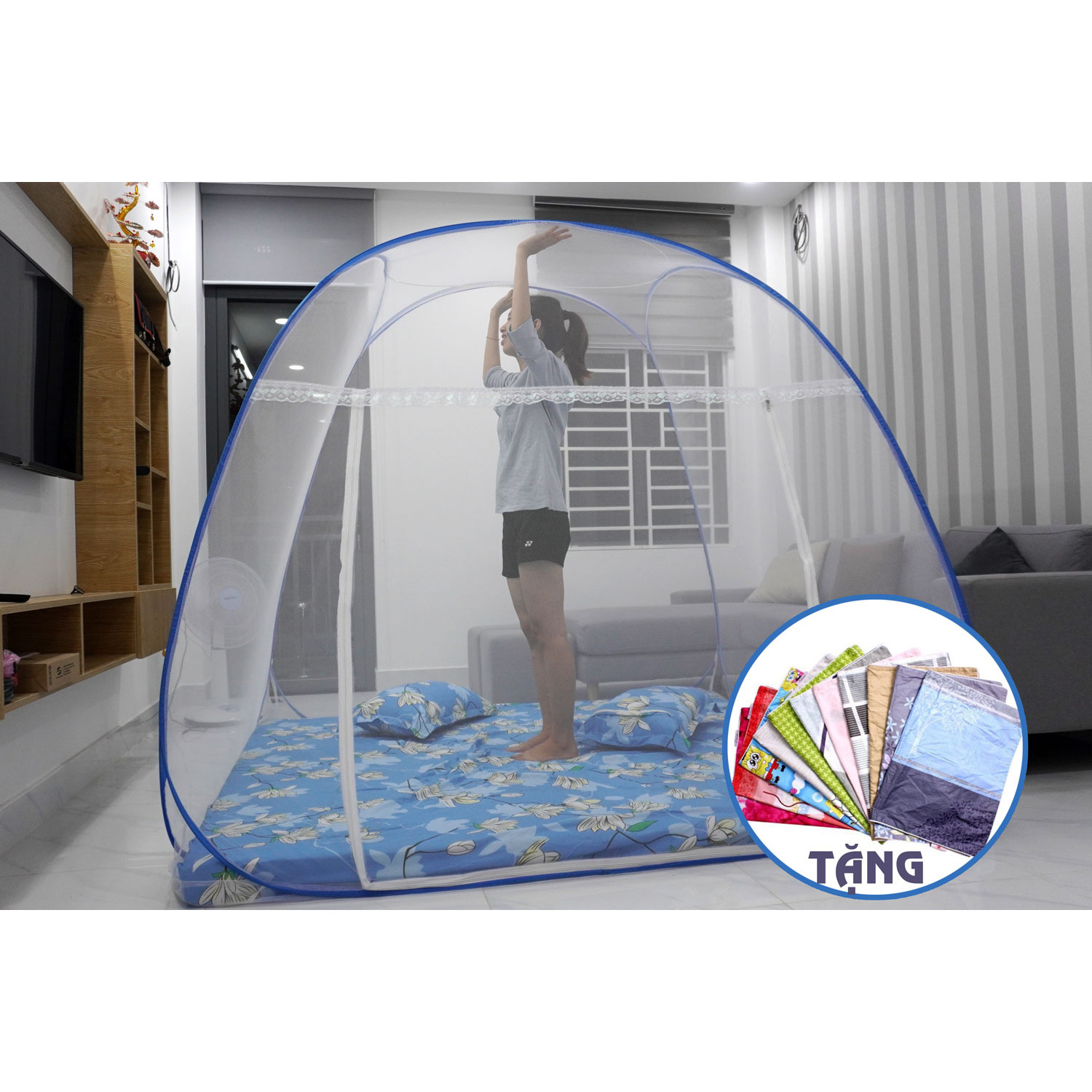Mùng chụp chống muỗi tự bung xếp gọn đỉnh rộng MỘC MIÊN -Màn chụp xếp gọn  [Tặng Cặp vỏ Gối