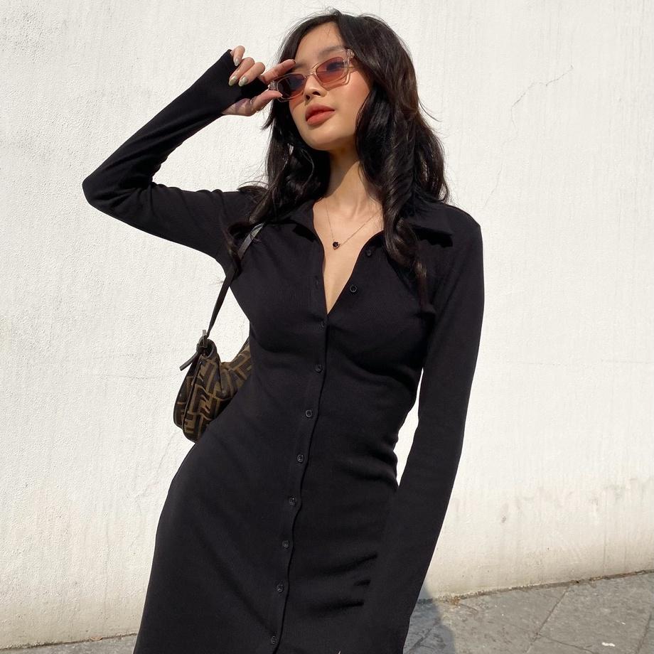 Váy thun gân body dài tay đen Mia đầm sơ mi len gân gân khuy trước váy maxi Angelina Long Sleeve Dress Mia Ritta V1028