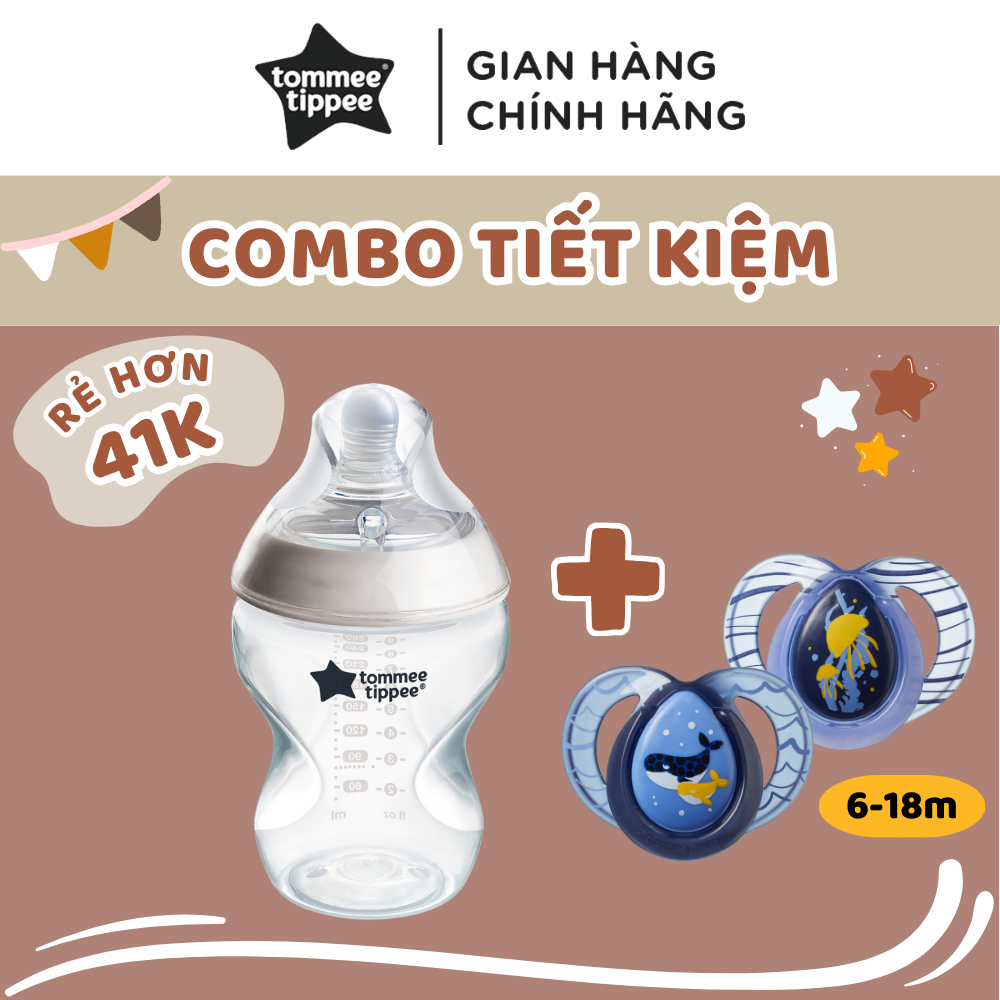 COMBO Ty ngậm dạ quang Tommee Tippee Night Time 6-18m & Bình sữa ty siêu mềm tự nhiên Tommee Tippee 260ml