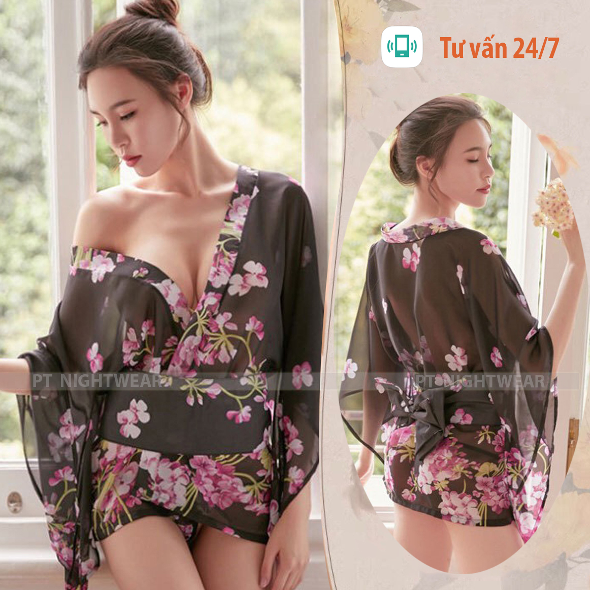 Váy ngủ áo choàng kimono phong cách nhật xuyên thấu sexy gợi cảm P36 - Đầm ngủ áo choàng quyến rũ - Đồ ngủ nữ