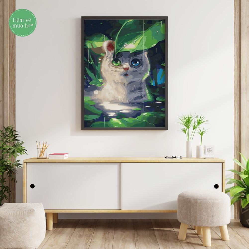 Tranh tô màu theo số - Chú mèo dưới tán lá đã căng khung 40x50cm