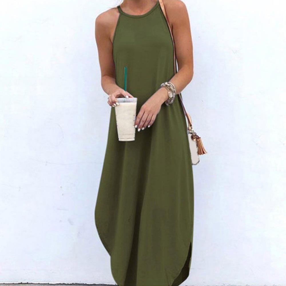 Women Summer Dress Solid Color Spaghetti Strap Sleeveless Asymmetric Hem Party Maxi Casual Loose Evening Sundress