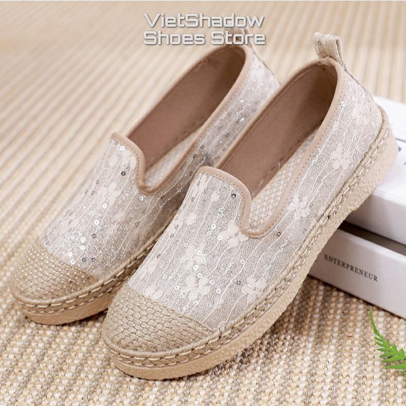 Slip on giày lười vải nữ chất liệu vải ren đính kim sa mũi và viền bo cói siêu đẹp và cá tính - Mã SP C06