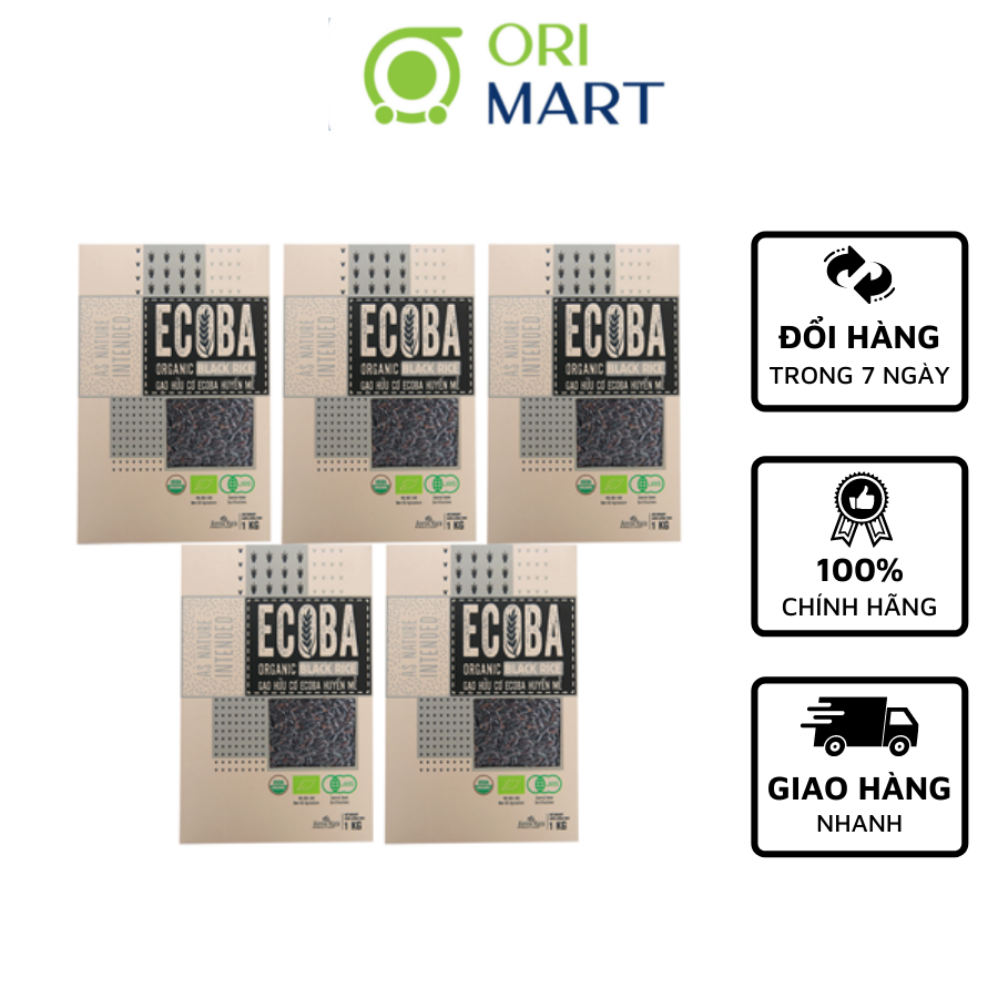 Combo 5 Gạo Lứt Hữu Cơ ECOBA Huyền Mễ Ecoba Organic Black Rice Cao Cấp Thơm Ngon Dẻo Ngọt Hỗ Trợ Giảm Cân Túi 1kg ORIMART