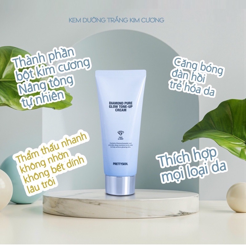 Kem dưỡng trắng da Kim Cương Diamond Pure Glow Tone-Up PrettySkin 100ml - Dưỡng trắng, cấp ẩm, nâng tỏn tức thì