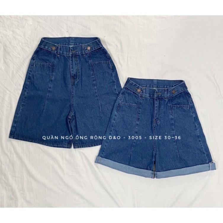 Quần short Cotton Ống Rộng, Quần Short Jean Lưng Cao, Không Giãn, Quần Suông Lửng Xanh Đậm Basic